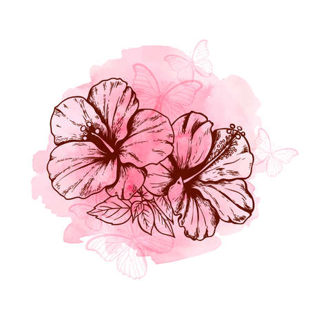 Abstract floral background with hibiscus flowers, butterflies and pink watercolor textureのイラスト素材