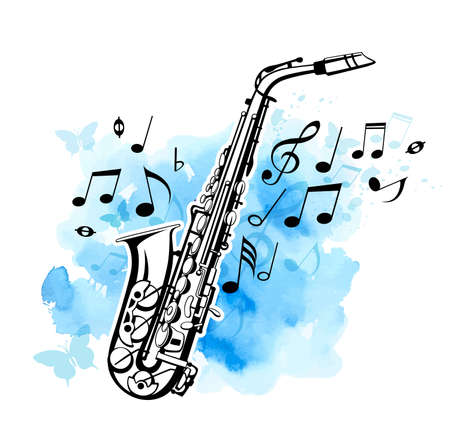 Abstract vector background with music notes and saxophone on a blue watercolor textureのイラスト素材