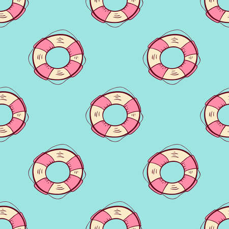 Doodle summer marine seamless pattern with lifebuoy on a green background. Vector illustration.のイラスト素材