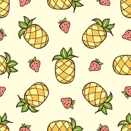 Doodle seamless pattern with strawberry and pineapple. Vector illustrationのイラスト素材