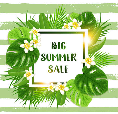 Summer tropical background with green palm leaves, flowers for seasonal sale. Vector illustration.のイラスト素材