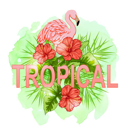 Summer tropical background with red flowers and pink flamingo. Hand drawn vector illustration with green watercolor textureのイラスト素材