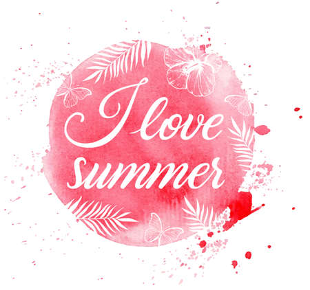 Summer tropical background with palm leaves, hibiscus flowers and pink round watercolor texture. Vector illustration.のイラスト素材