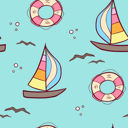 Doodle seamless pattern with sailing ship and lifebuoy on a green background. Vector illustration.のイラスト素材
