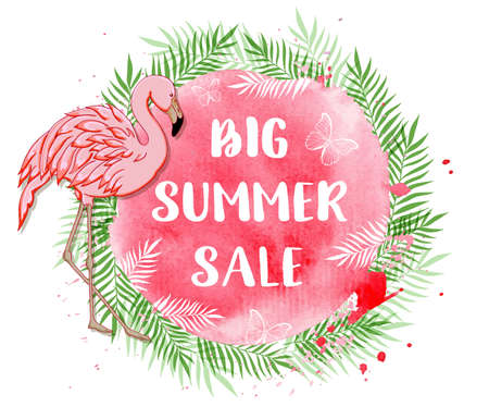 Tropical background for seasonal summer sale with flamingo, palm leaves and pink watercolor texture. Vector illustrationのイラスト素材