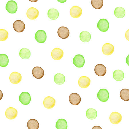 Decorative watercolor seamless pattern with polka dots. Green and yellow round blots on a white backgroundの写真素材