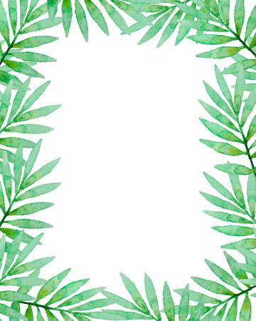 Floral frame with green watercolor palm branch. Hand drawn tropical backgroundの写真素材