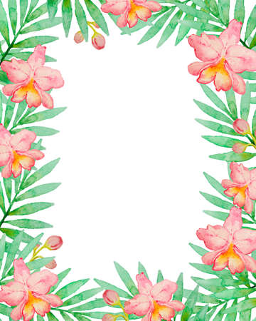 Floral frame with pink watercolor orchids and green palm branch. Hand drawn tropical backgroundの写真素材