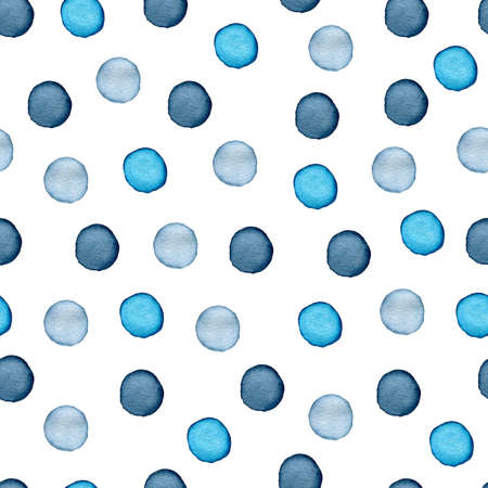 Decorative watercolor seamless pattern with polka dots. Blue round blots on a white backgroundの写真素材