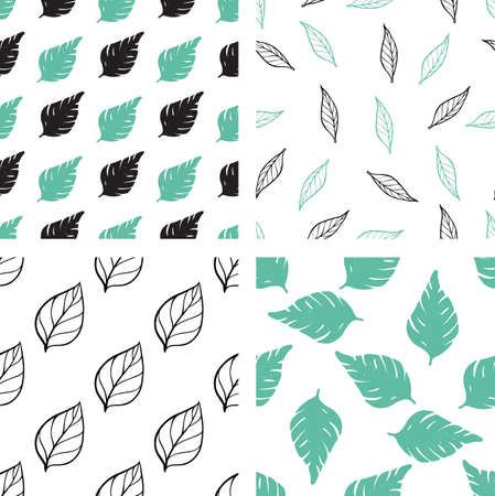 Set of decorative vector floral seamless patterns with green and black leaves on a white backgroundのイラスト素材