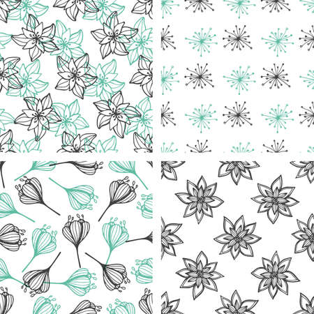 Set of decorative vector floral seamless patterns with green and black flowers on a white backgroundのイラスト素材