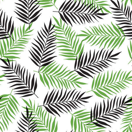 Decorative tropical seamless pattern with black and green palm leaves on a white backgroundのイラスト素材
