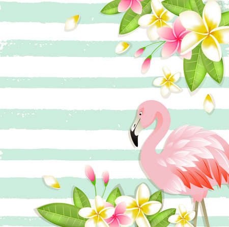 Summer vector tropical background with flowers, green leaves and pink flamingo.のイラスト素材