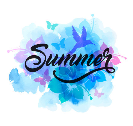 Blue abstract summer tropical background with flowers, humming bird and watercolor texture. Vector...