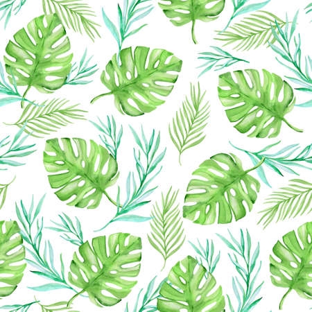 Watercolor floral summer tropical seamless pattern with green palm leaves on a white backgroundの写真素材