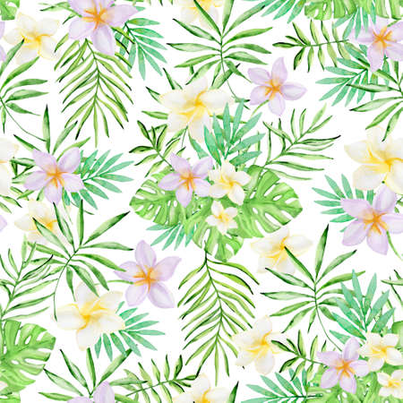 Watercolor summer seamless pattern with tropical flowers and green palm leaves on a white backgroundの写真素材