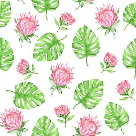 Watercolor seamless pattern with red tropical flowers and green palm leaves on a white backgroundの写真素材