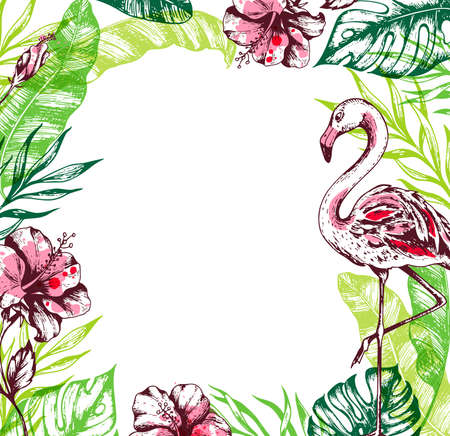 Summer floral tropical frame with green palm leaves, hibiscus flowers and pink flamingo. Tropical plants on a white background. Hand drawn vector illustration.のイラスト素材