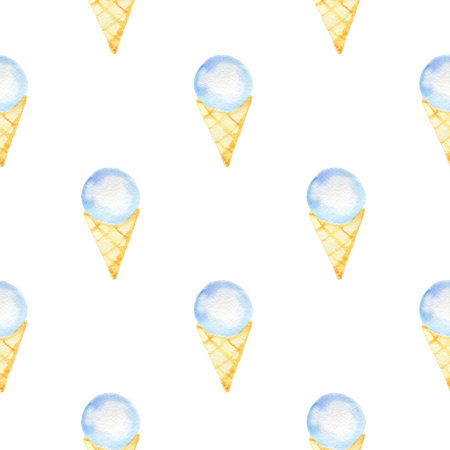 Watercolor seamless pattern with blue ice cream in a waffle cone on a white background