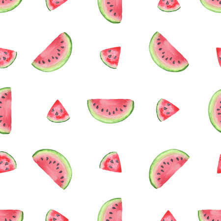 Watercolor seamless pattern with slices of sweet red watermelon on a white backgroundの写真素材