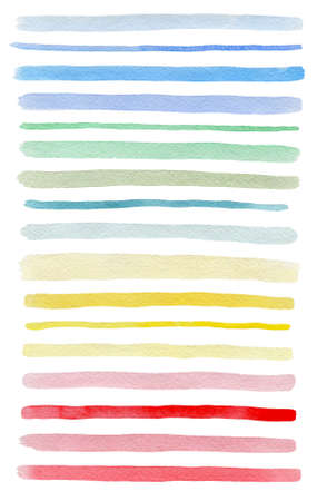 Set of colorful watercolor lines isolated on a white background. Blue, pink, green and yellow watercolor blots.の写真素材