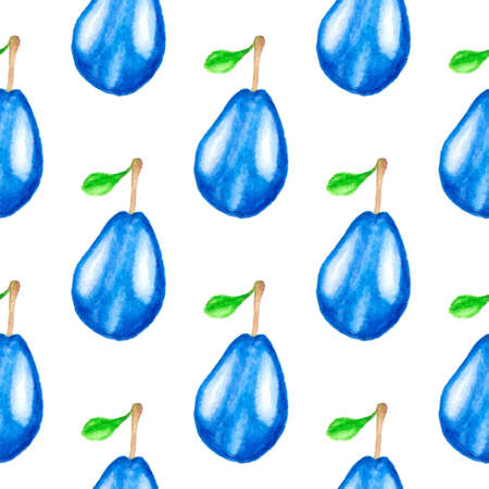 Watercolor summer seamless pattern with blue plums on a white backgroundの写真素材