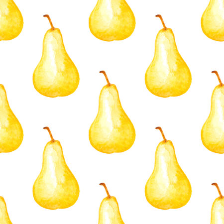Watercolor summer seamless pattern with ripe yellow pears on a white background