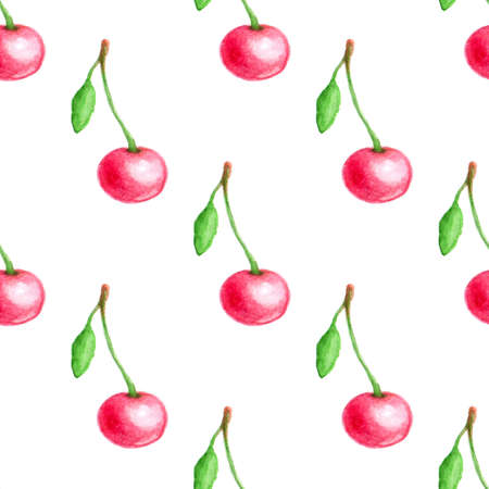 Watercolor summer seamless pattern with red cherry on a white backgroundの写真素材