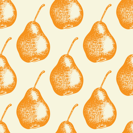 Autumn seamless pattern with orange pears. Hand drawn seasonal vector background with fruit in...