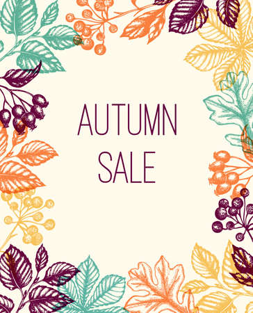 Autumn background with falling leaves and berries. Vintage vector hand drawn autumn floral frame for seasonal sale.のイラスト素材