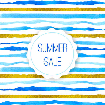Abstract background with blue watercolor and golden lines for seasonal summer sale. Hand drawn vector illustrationのイラスト素材