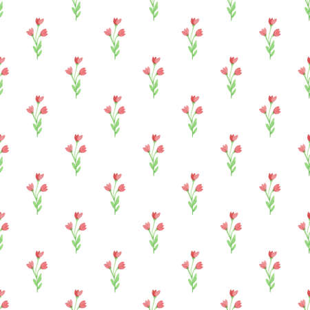 Watercolor floral seamless pattern with pink flowers and green leaves on a white backgroundの写真素材