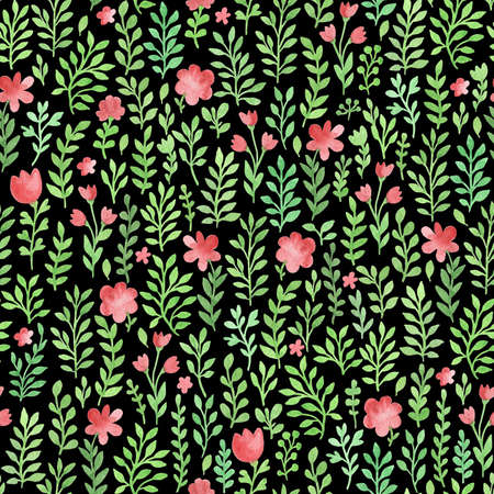 Watercolor floral seamless pattern with green flowers and leaves on a black backgroundの写真素材