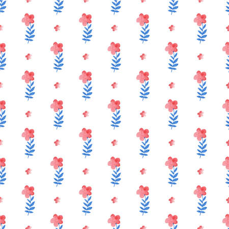 Watercolor floral seamless pattern with blue and pink flowers on a white backgroundの写真素材