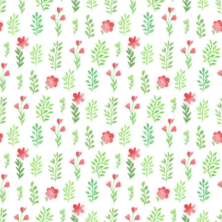 Watercolor floral seamless pattern with green flowers and leaves on a white backgroundの写真素材