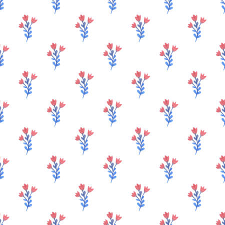 Watercolor floral seamless pattern with blue and pink flowers on a white backgroundの写真素材