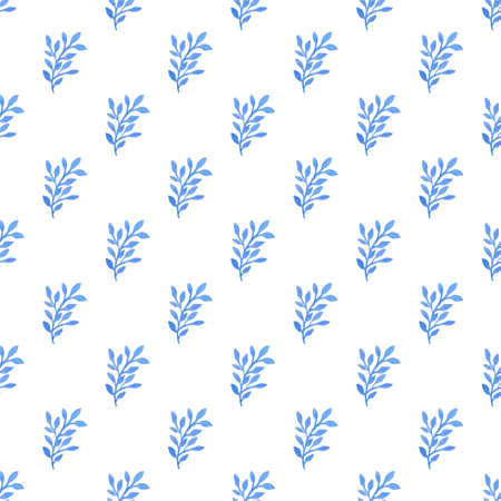 Watercolor floral seamless pattern with blue leaves on a white backgroundの写真素材