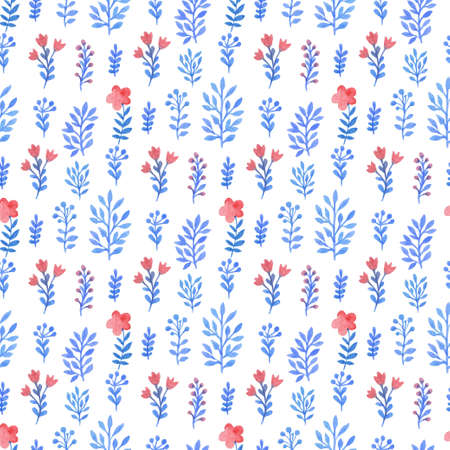 Watercolor floral seamless pattern with blue flowers and leaves on a white backgroundの写真素材