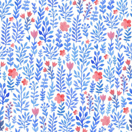 Watercolor floral seamless pattern with blue flowers and leaves on a white backgroundの写真素材