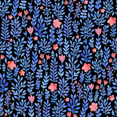 Watercolor floral seamless pattern with blue flowers and leaves on a black backgroundの写真素材