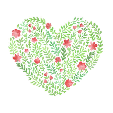 Watercolor floral heart of green leaves and pink flowers isolated on a white backgroundの写真素材