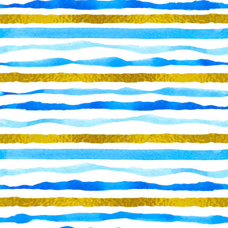 Blue and golden striped watercolor seamless pattern with wavy lines. Hand drawn vector backgroundのイラスト素材