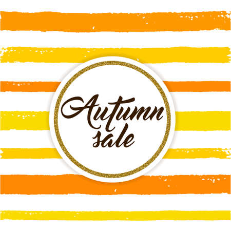 Abstract orange striped autumn background with golden frame for seasonal sale.のイラスト素材