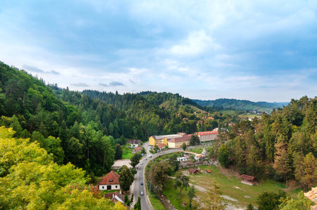 View from Dracula's castle in Bran, Transylvania, Romania. The road in town Bran at the foot of the Carpathian Mountainsのeditorial素材