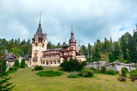 Peles castle in Sinaia, Romania. Kingdom residence in the Carpathian Mountains. Beautiful ancient castle in Neo-Renaissance style.のeditorial素材