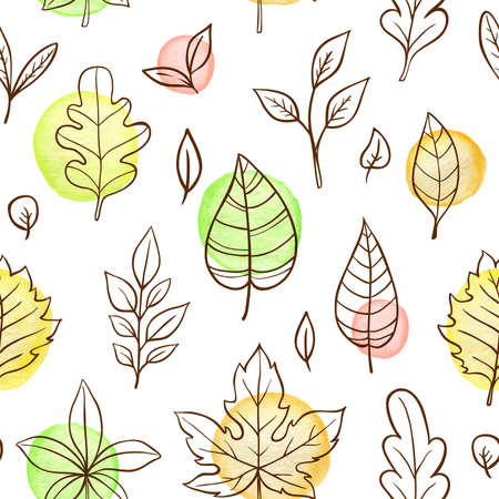 Autumn doodle seamless pattern with falling leaves on a white background. Hand drawn vector illustration with watercolor elements.のイラスト素材