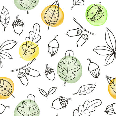 Autumn doodle seamless pattern with oak leaves and acorns on a white background. Hand drawn vector illustration with watercolor elements.のイラスト素材