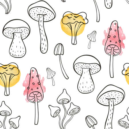 Autumn doodle seamless pattern with forest mushrooms on a white background. Hand drawn vector illustration with watercolor elements.のイラスト素材
