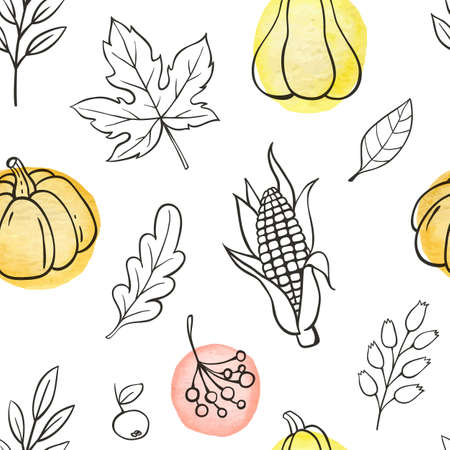 Autumn doodle seamless pattern with pumpkins and leaves on a white background. Hand drawn vector illustration with watercolor elements.のイラスト素材