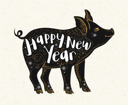Cute pig symbol of Chinese zodiac for 2019 new year. Black silhouette of pig and lettering. Hand drawn vector illustrationのイラスト素材